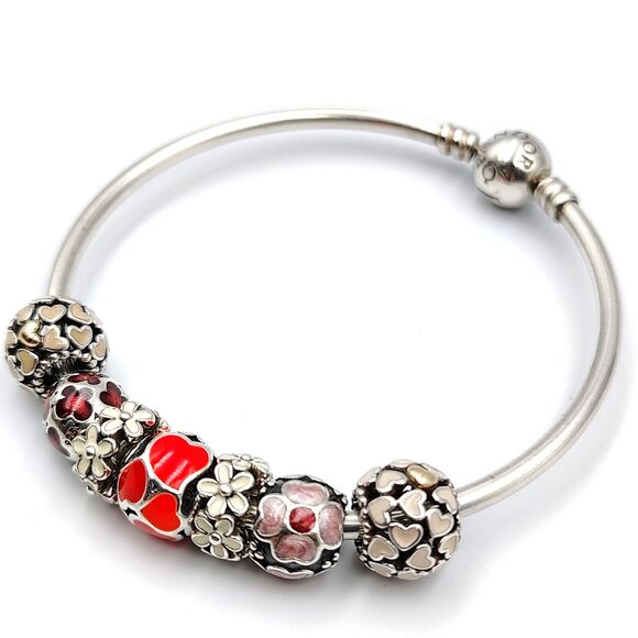 Pandora Sterling Silver 925 Bangel Bracelet 7 Charms Red & White Enamel